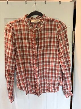 LOFT Coral and White Plaid Ruffle Button-Front Blouse